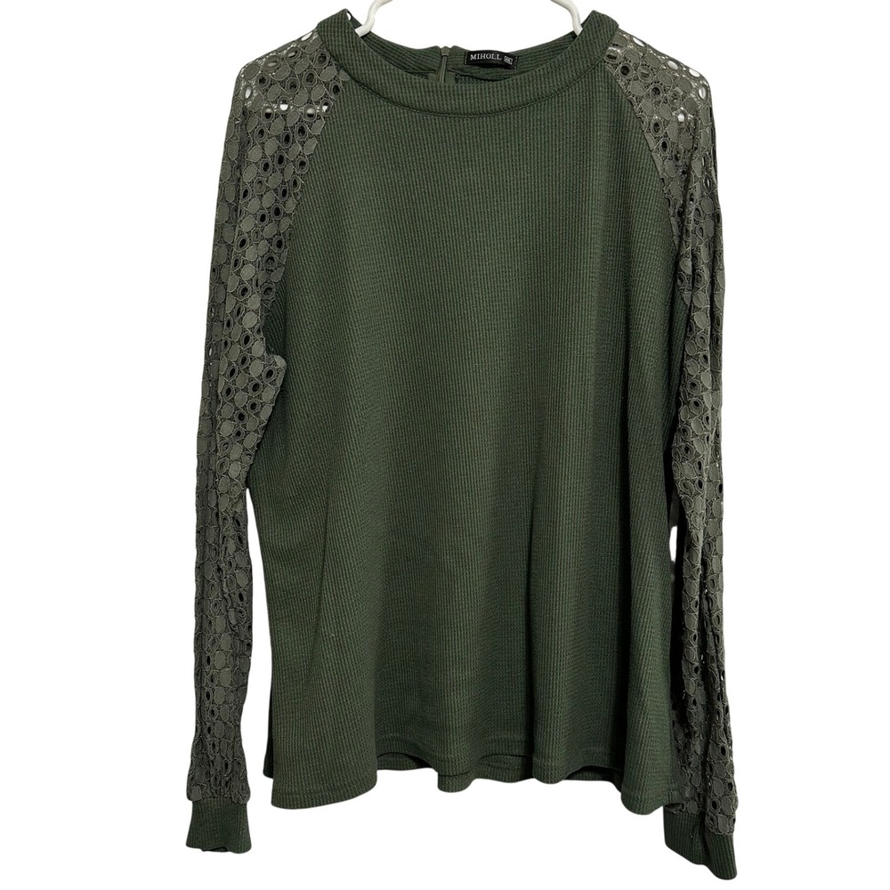 Miholl Waffle Knit Top Womens Olive Green Lace Raglan Sleeve Zipper Back XXL
